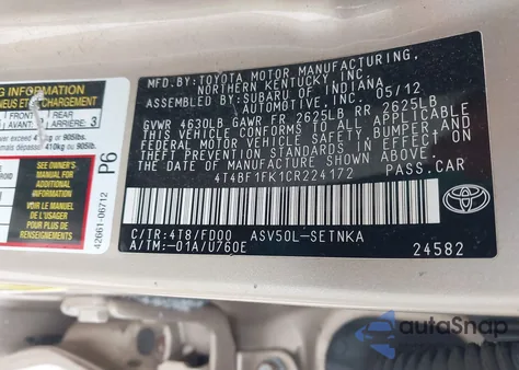 2012 Toyota Camry Le z USA, uszkodzony, nr VIN 4T4BF1FK1CR224172